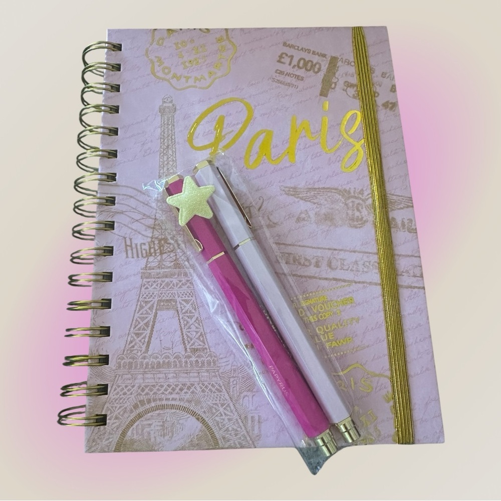 Paris Themed Pink & Gold 320 page Notebook with Papyrus Pink & Gold Pen Set - Picture 9 of 16